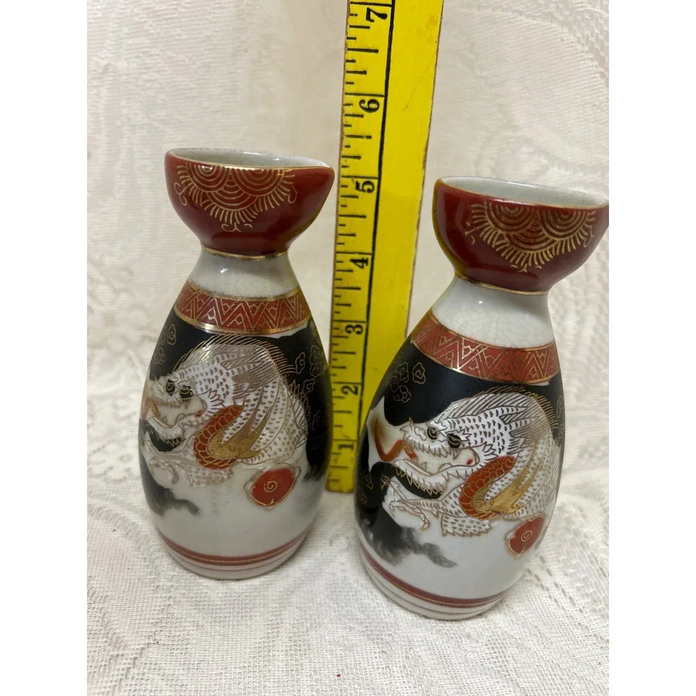 Vintage Japanese Kutani Sake Bottle Set Dragon Moriage Crackle Glaze Red Gold 5